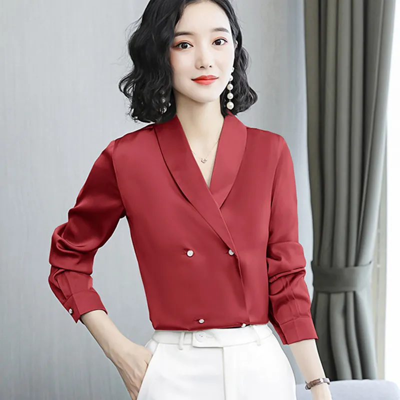 

Блузка женская шелковая в Корейском стиле, рубашка с длинным рукавом, топ, Офисная рубашка