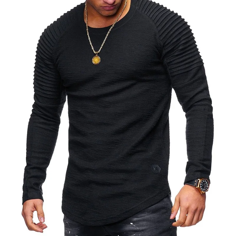 

Spring Men T-shirt Striped Pleated Raglan Sleeves Pleated Top Casual Slim Pullover Undefined Bts Tshirts Harajuku Christmas Punk