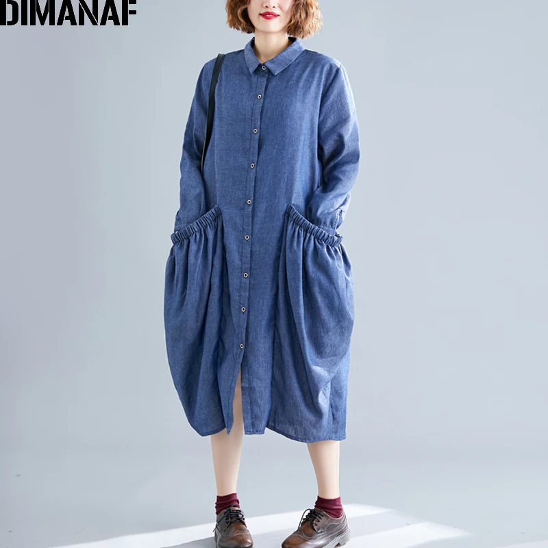 Женское джинсовое платье DIMANAF повседневная свободная рубашка из хлопка с длинным