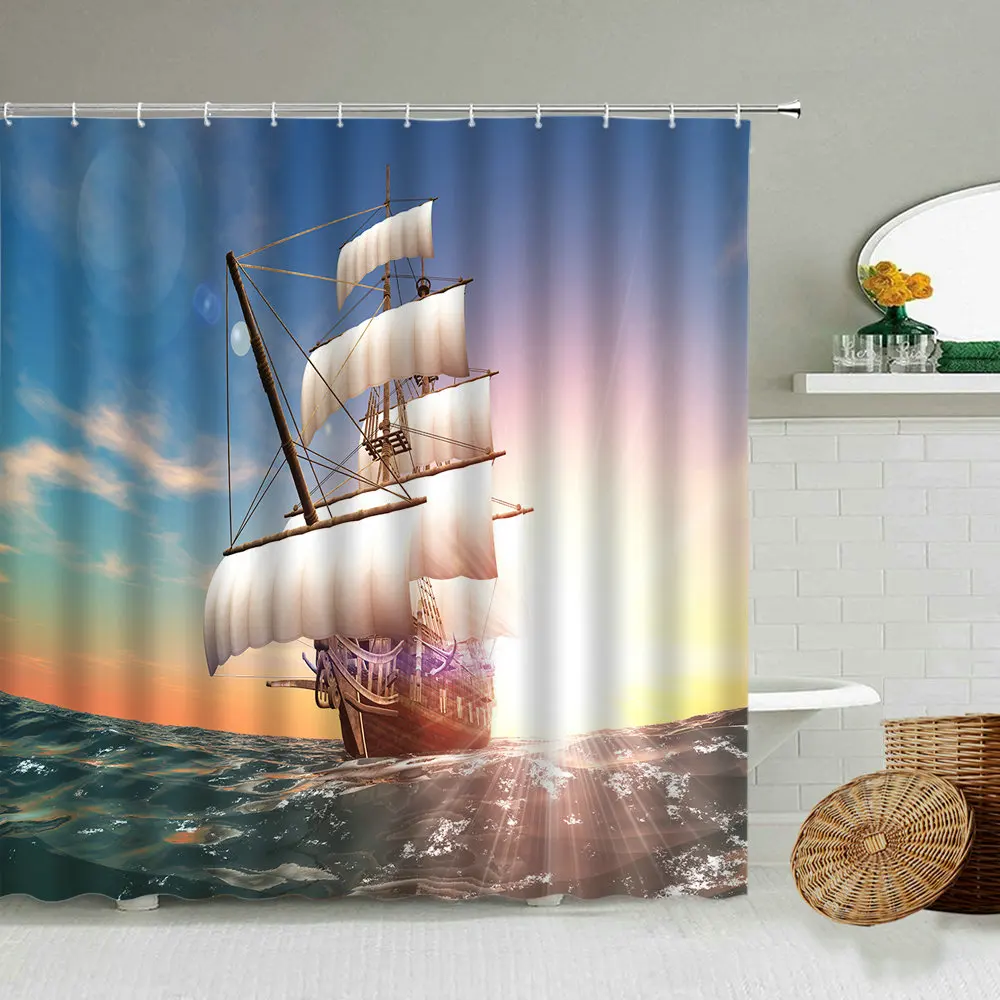 

Штора для душа с изображением океана, солнца, природного ландшафта, морской якорь, лодка, каноэ, настенное украшение для ванной комнаты с крю...