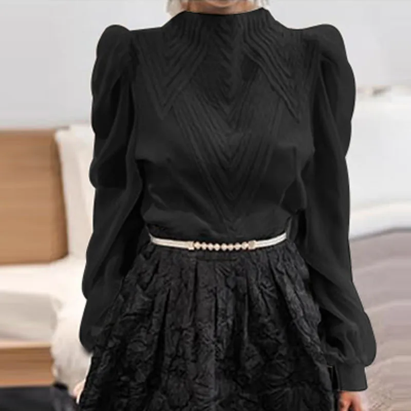 

Retro Pleated Blouse Women Stand Collar Puff Sleeve Loose White Shirts Summer Spring Elegant Chiffon Tops Plus Size Korean A195