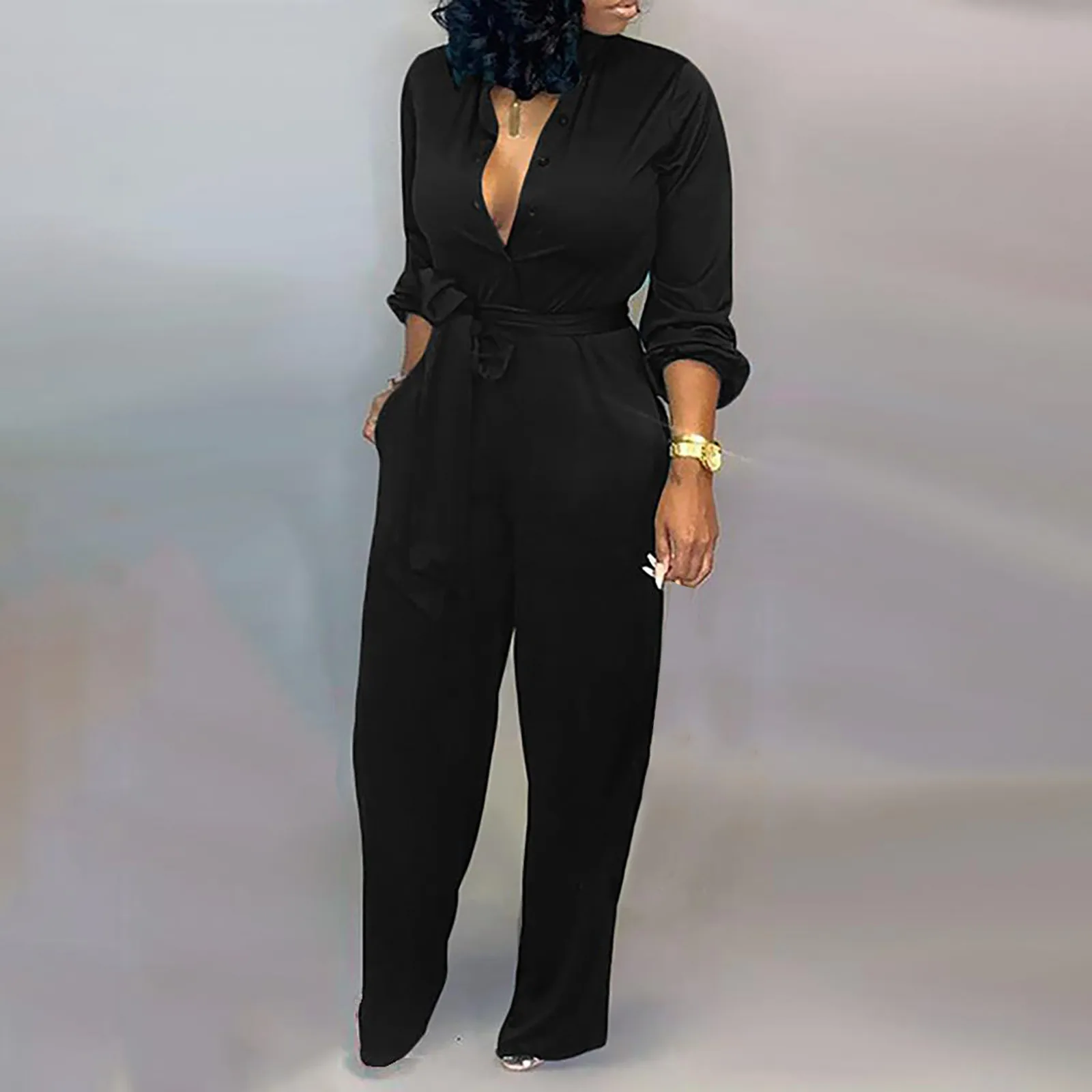 

Женские комбинезоны с широкими штанинами, модный однотонный комбинезон с отложным воротником и широкими штанинами, женские брюки с длинным...