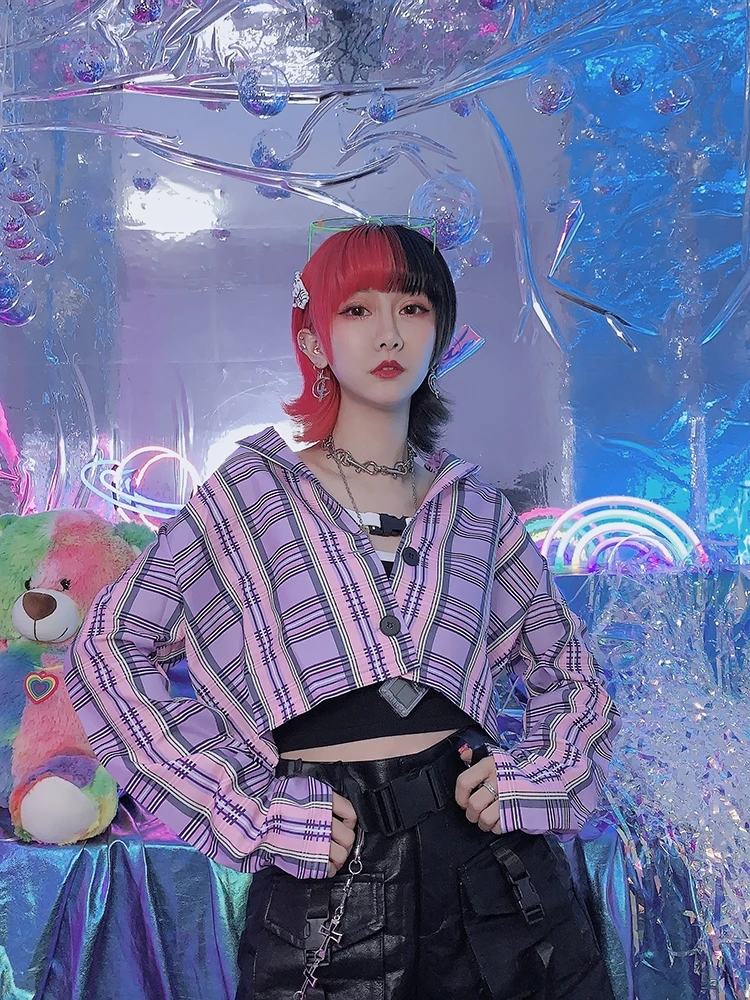 Корейская фиолетовая клетчатая рубашка с длинными рукавами костюм короткая