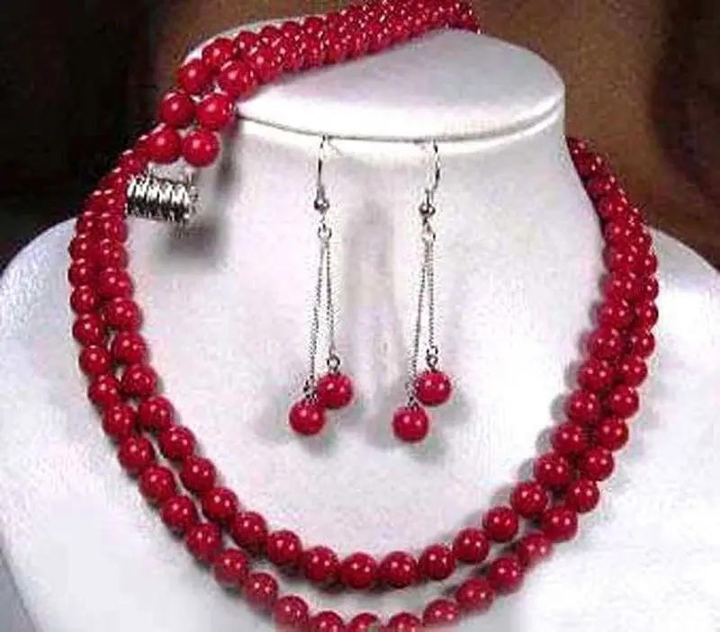 

2 rows 8mm red shell pearl round beads necklace earrings bracelet set AAA