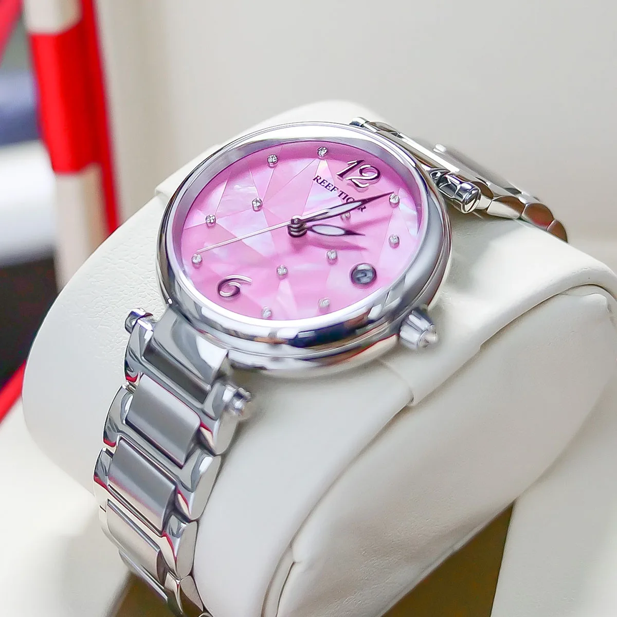 Reef Tiger/RT New Design Luxury Stainless Steel Pink Dial Automatic Watches Women Rose Silver Steel Strip Watch RGA1584 enlarge