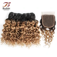 50gpc 46 bundles with 4x4 lace closure 1b 27 ombre honey blonde black brown short curly style water wave remy human hair