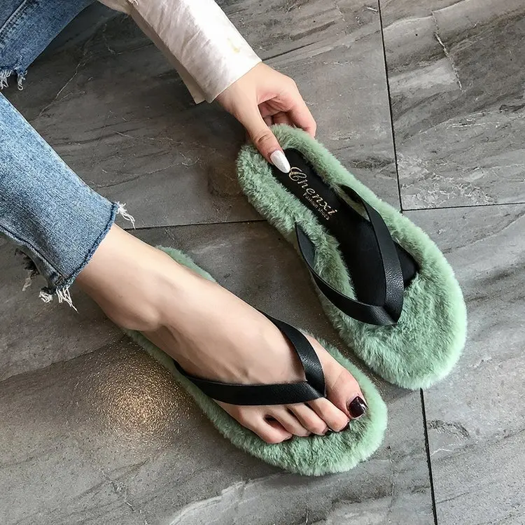 Classics Winter Women Fur Flip Flops Outside Flat Open Toe Women Shoes Solid Casual Faux Fur Slippers