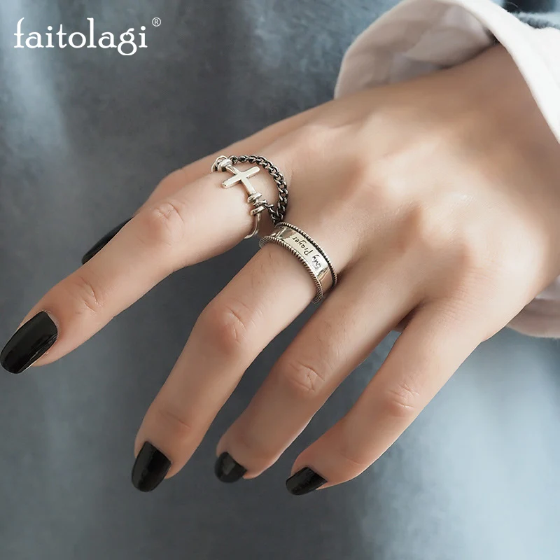 

1 Pc Punk Cross Chain Open Ring Simple Letter Prayer finger Rings Silver Color Geometric Adjustable Ring Jewelry Women Gift