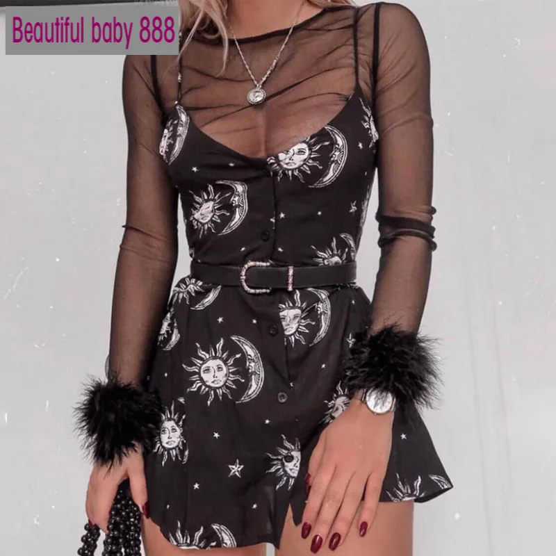 

Meqeiss 2020New Women dresses loose v-neck sleeveless mini dress black sun moon star printing Elegant Female spring summer dress