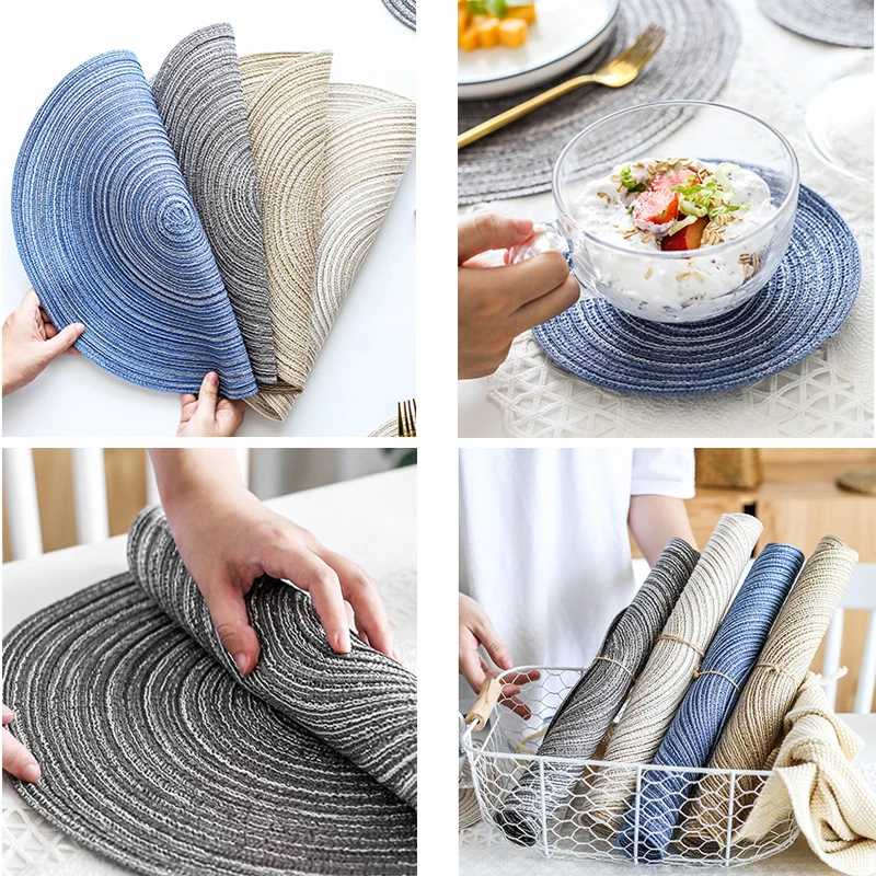 

4pcs Woven Table Mat Round Coaster Heat Resistant Non-slip Tableware Mat Cotton Linen Bowl Pad Home Decoration Kitchen Tool