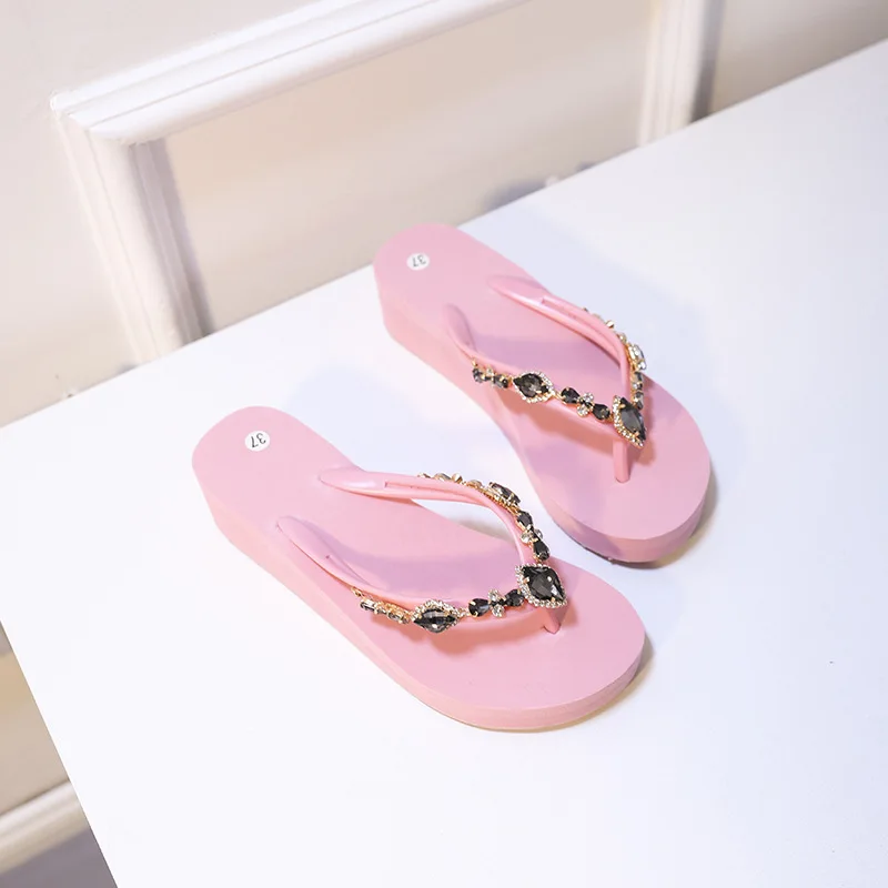 Fujin/2020 Наклонный каблук Мужские шлепанцы со стразами Женская летняя верхняя