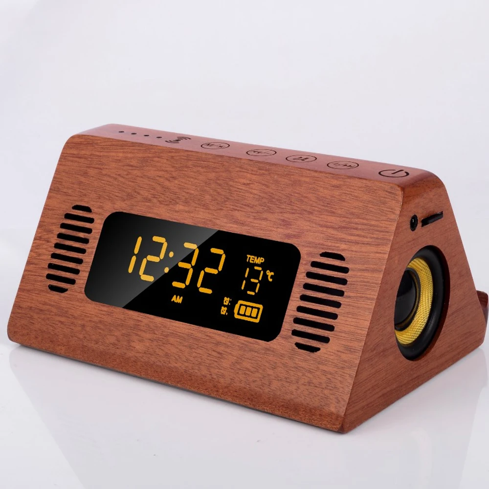 

Solid Wood Bluetooth Speaker with Clock Alarm Clock Temperature Display Radio Wireless Charging Mobile Phone Holder