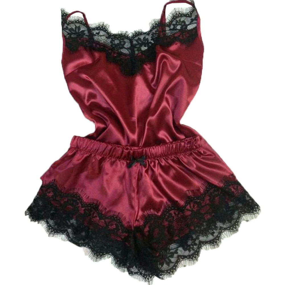 

Women Pajamas Sexy Sleepwear Sling Satin Lace Top Shorts Nightwear Set V Neck
