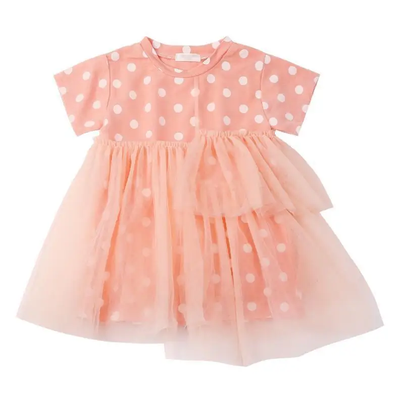 

2021 summer new girl sweet cute polka dot princess dress girl fashion irregular stitching mesh short sleeve dress