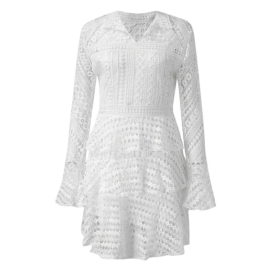 JAYCOSIN женское мини платье женская зимняя мода длинный рукав фонарик кружевное