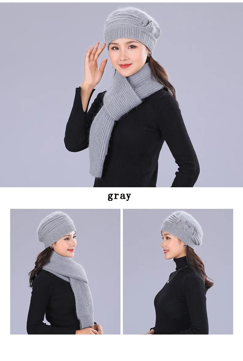 Mother's Nnew Year Gift Rabbit Knit Cap Scarf The Elderly Women's Autumn And Winter Warm Hat Scarf Female Winter Hat Twinset