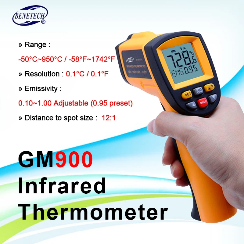 Инфракрасный термометр GM900 Цифровой температурный измеритель-50~ 950C пирометр 0,1~ 1EM Цельсия с бесконтактным ЖК-термометром