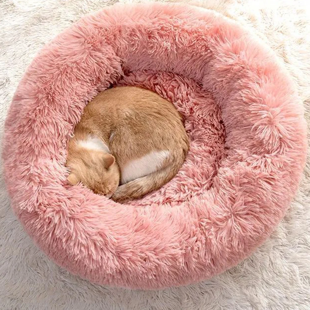 

Round Plush Cat Bed House Dogs Mat Winter Warm Sleep Cats Nest Soft Long Plush Dog Bed Pet Cushion For Cats Dog Zipper Washable
