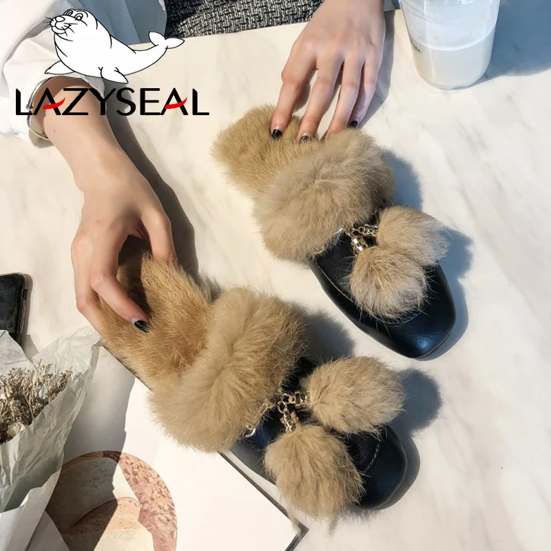 Женские меховые шлепанцы LazySeal с металлическим украшением и аппликацией бахромы