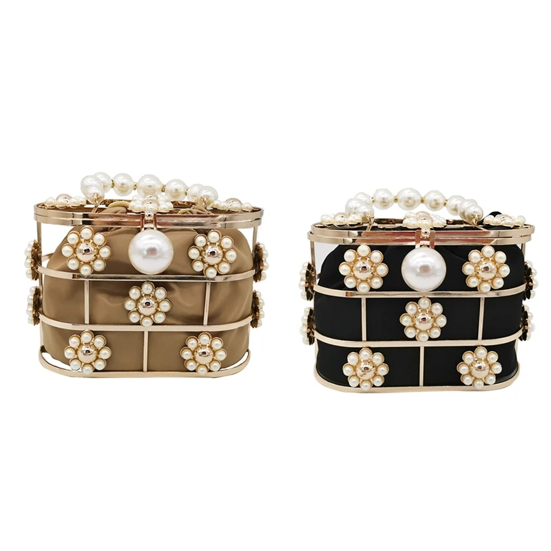 

Pearl Evening Clutch Bag,Hollow Out Flowers Beaded Metallic for Women