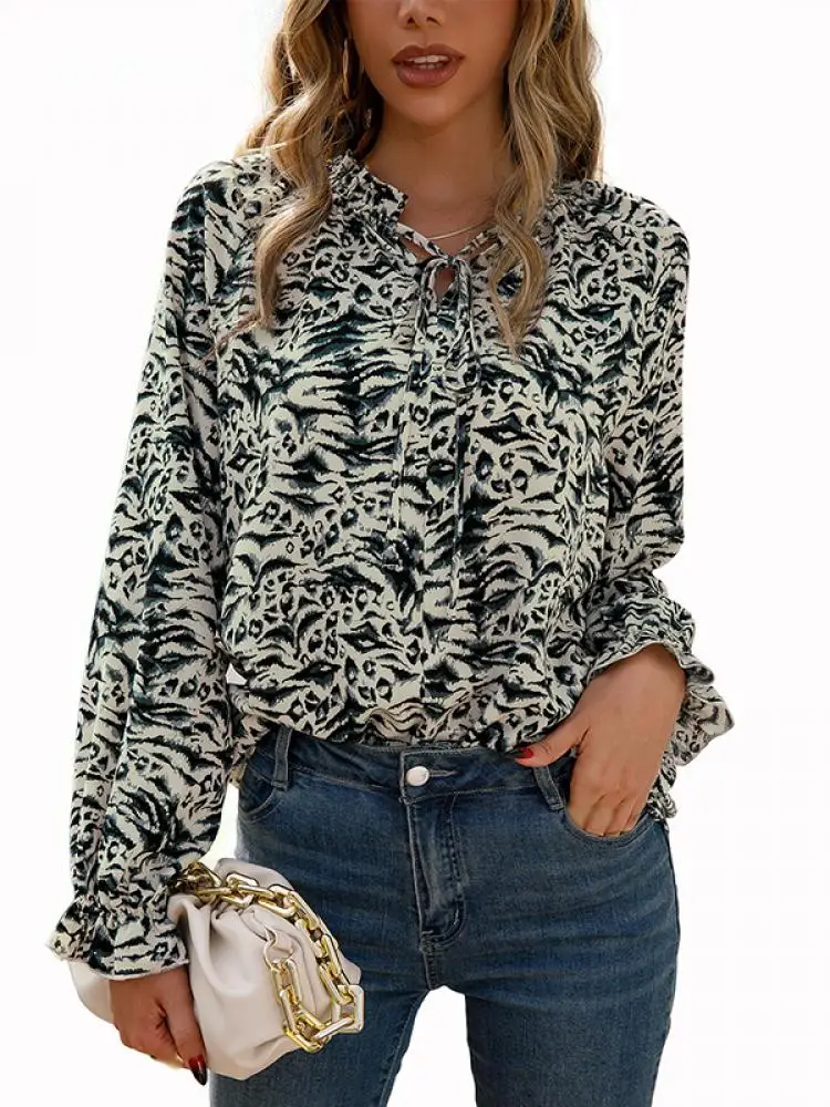 

Tied Neck Lightweight Ruffle Print Shirts for Women V Neck Long Sleeve Loose Fit Single Breasted Work Office Top CVFDRE1