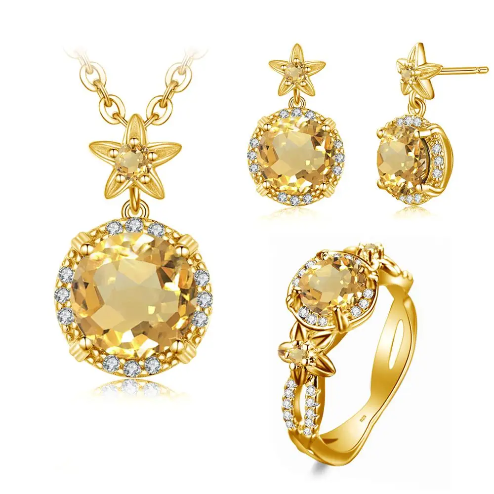 

WOMEN JEWELRY SET REAL 925 STERLING SILVER RINGS DROP EARRINGS PENDANTS CITRINE 14K GOLD RING PENDANT SILVER JEWELRY FOR WOMEN