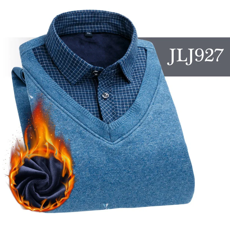 JLJ927 Мужская одежда, рубашки с вышивкой, в полоску, макет, из двух частей, платье, рубашка, имитация двойки, длинный рукав, толстый бархат, свитер, рубашки - Цвет: JLJ927