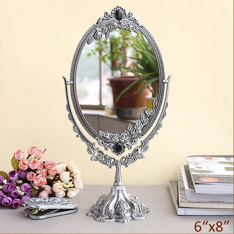 

European Antique Pewter Engraved Rose Flowers Design Double-sided 6x8 inches Oval Framed Tabletop Metal Decorative Swing Mirror