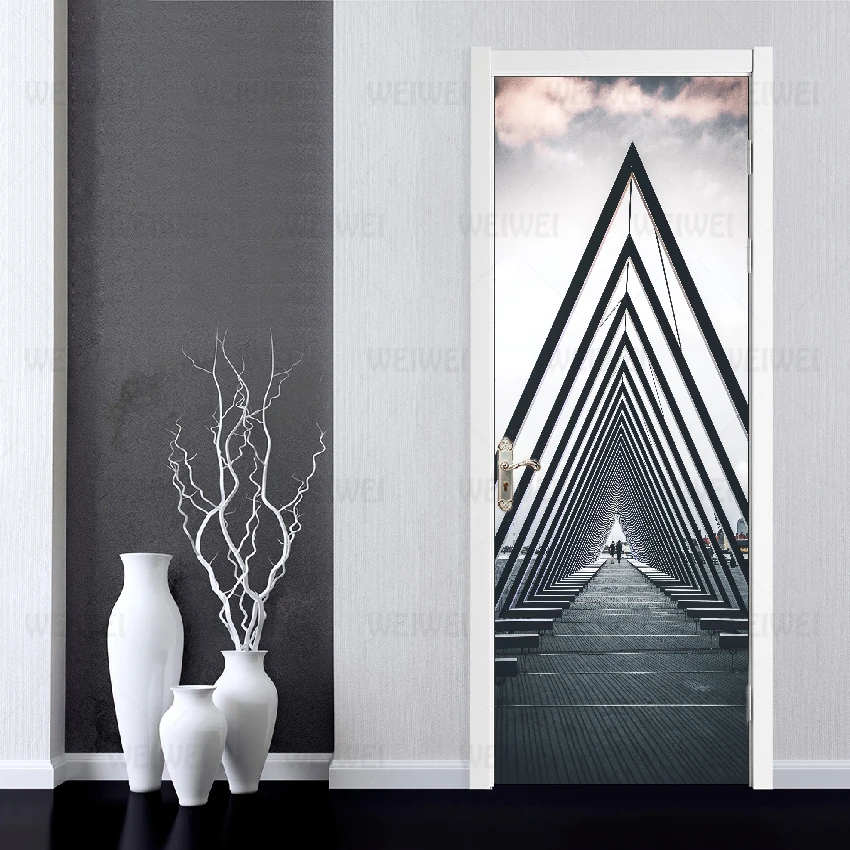 

Door Sticker Waterproof Black Triangle Iron Bridge Home Decoration 3D Printing Sticker Self Adhesive Picture Diy Paper Bedroom