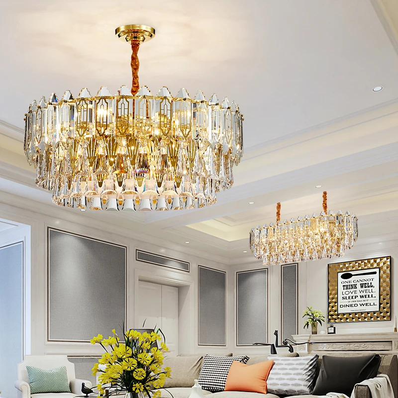 

Luxury Design Home Decoration Round Circle Brass Stainless Steel Golden Bracket Crystal Chandelier Lamps