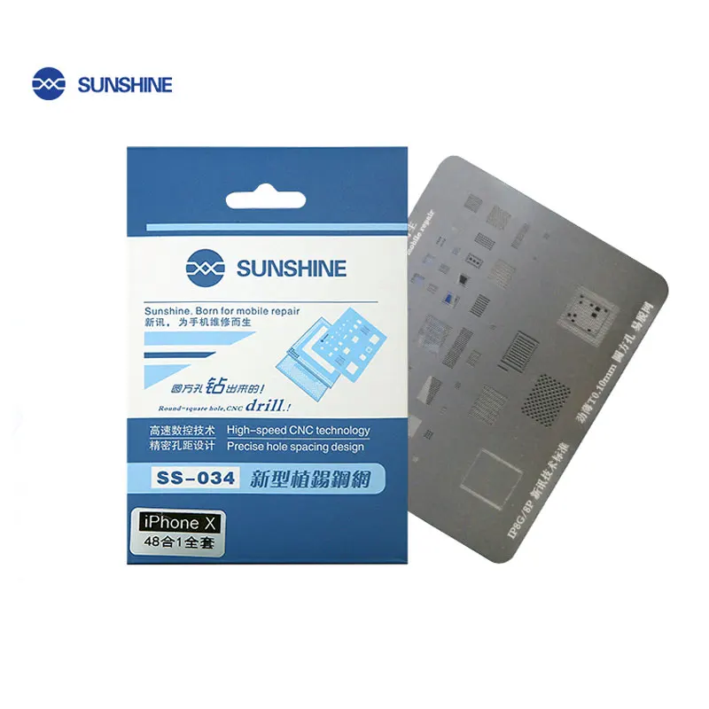 

SUNSHINE SS-034 A8,A9 A10 A11 round square hole BGA stencil of refined tin IPX net for IPhone X 8G/P, 7G/7P, 6G/6P 6S/SP, 5G/5S