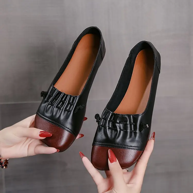

New Spell Colors Splicing Genuine PU Leather Retro Shoes Soft Sole Wear Comfortable Shoes Fashion Casual Women Flats Sneakers