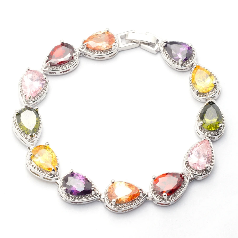 Женский браслет с фианитами подвесками из белого золота разноцветными