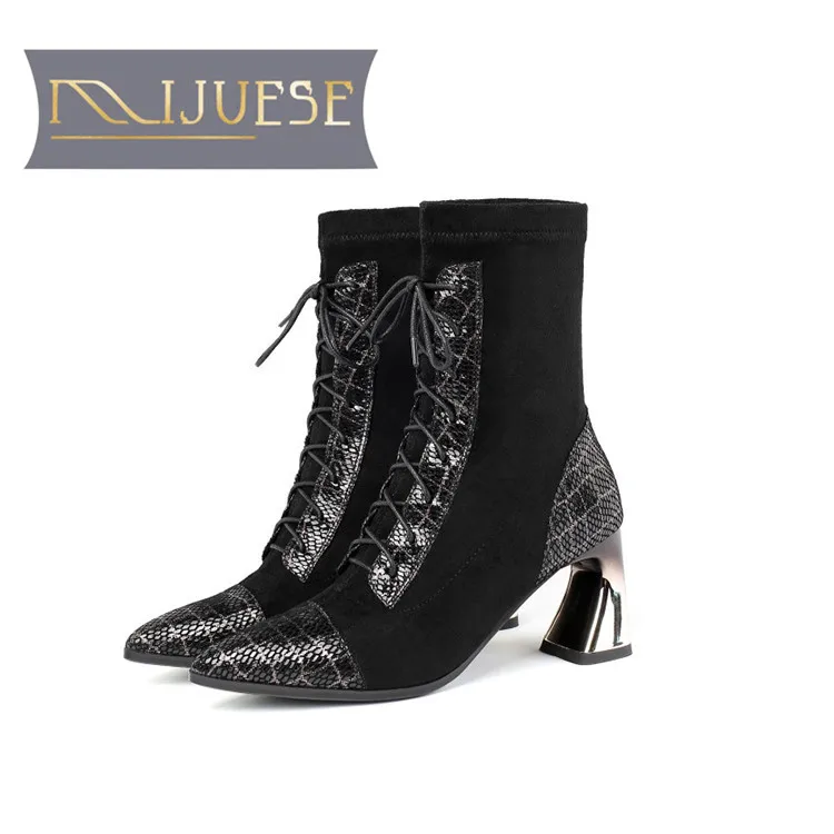 MLJUESE 2020 women Mid-calf boots sheepskin lace up pointed toe winter short plush high heels socks size 42 | Обувь