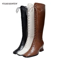 square toe lace up high heel thick heeled polyurethane knight boots autumn and winter genuine leather white french womens shoes