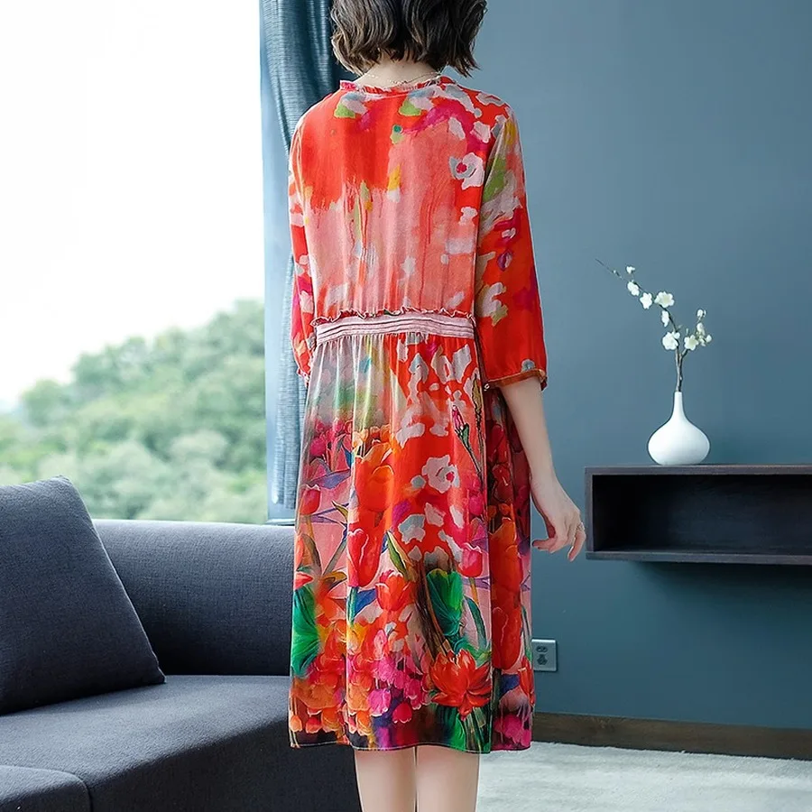 

2021 Spring Summer Red Mulberry Silk Midi Dresses 3XL Plus Size Vintage Print Runway Dresses Classy Women Bodycon Party Vestidos