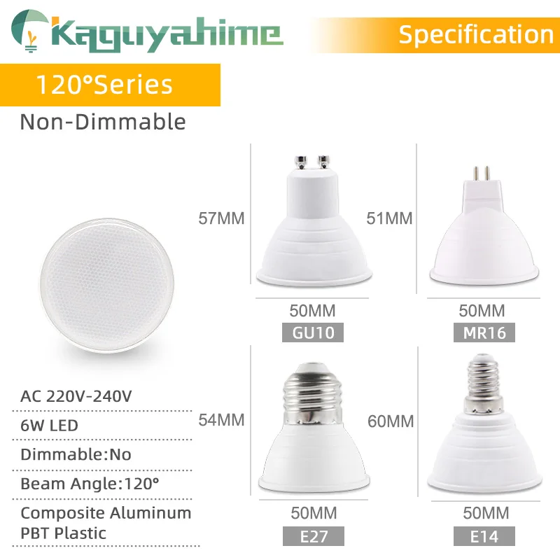 Kaguyahime Светодиодный светильник Gu10 Mr16 E27 точечный лампа AC 220V 4W 6W полный спектр MR16