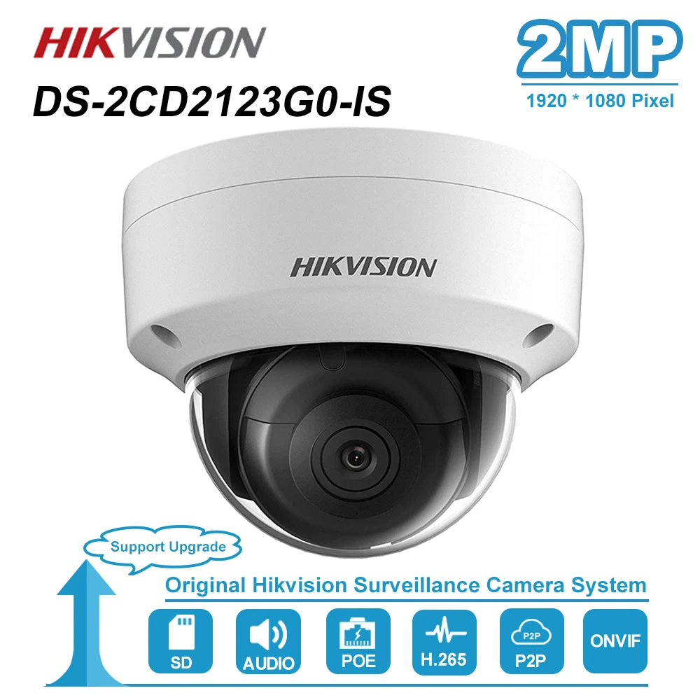 Hikvision 2MP ИК Фиксированная купольная POE ip-камера безопасности с аудио sd-картой сетевая камера IP67 ночного видения H.265 DS-2CD2123G0-IS