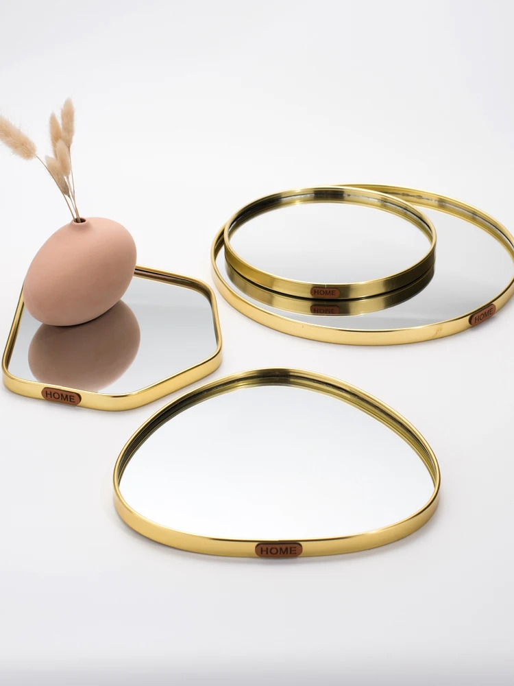 

Nordic Home Light Luxury Metal Glass Jewelry Display Plate Geometric Mirror Tray Gold Jewelry Storage Ring Dish Wedding Gift