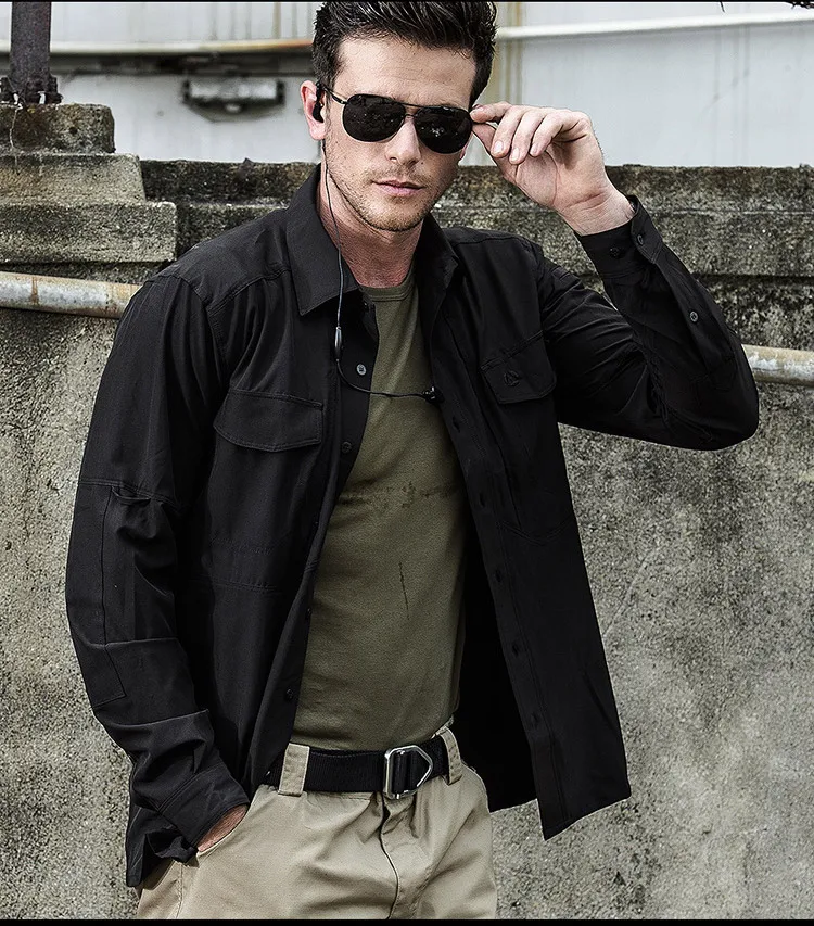 Military Stretch Quick Dry Shirts Men Fashion Dress Male Long Sleeve Slim Fit Business Casual Shirt Camisa for Man