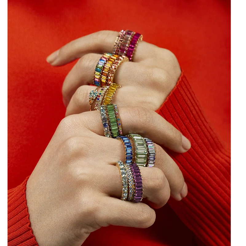 

2021 Fashion Bestselling Zircon Rainbow Color Lucky Women Ring Trend Multi-Color Shining Zircon Ethos Girl Ring