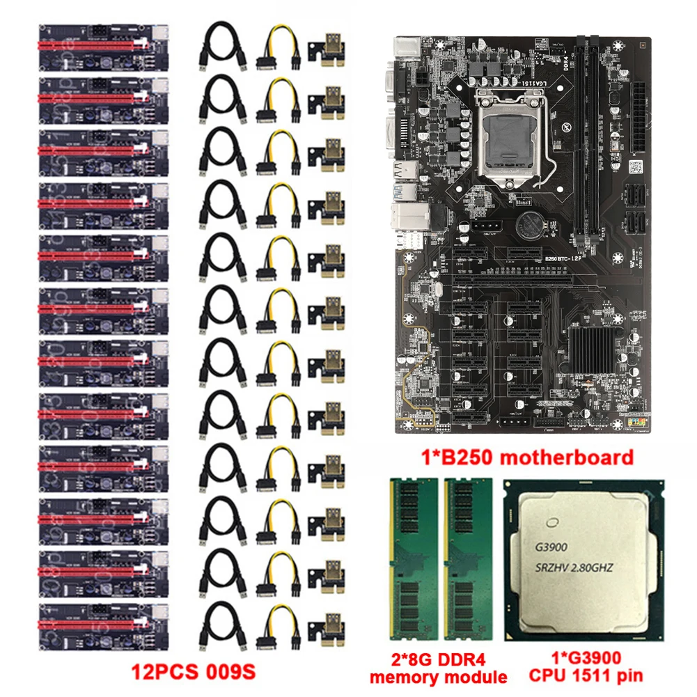 

Материнская плата B250 BTC для майнинга, процессор G3900, 2x DDR4, 8 Гб памяти, адаптер 12x009S, B250, Btc, аксессуары для компьютера
