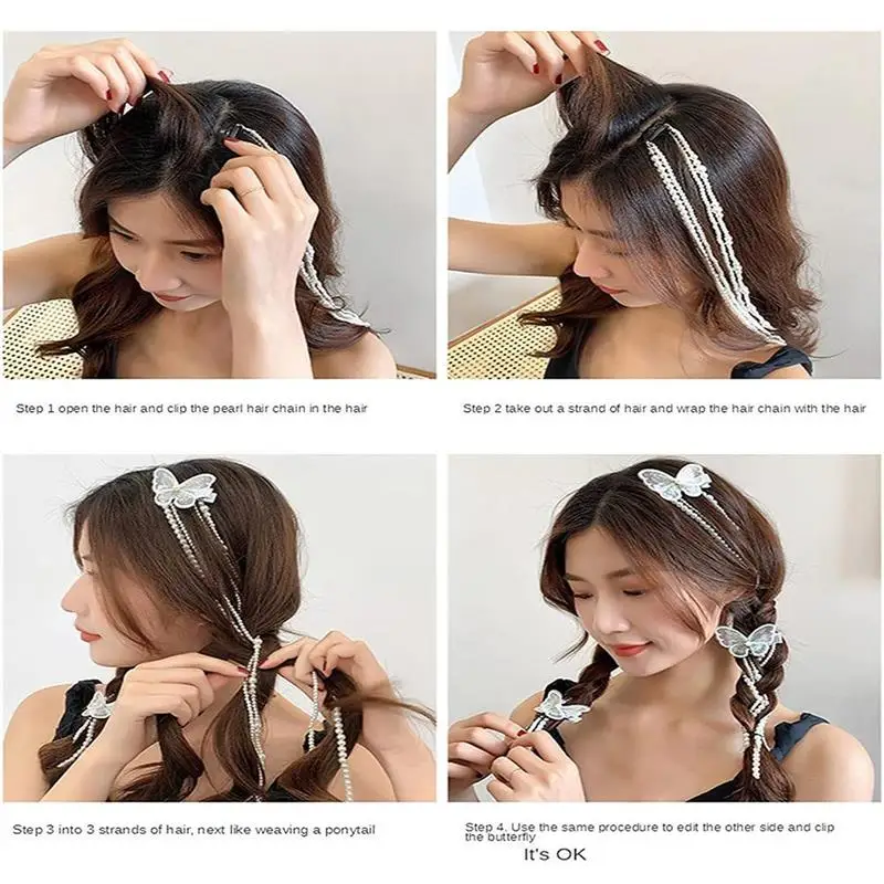 

Butterfly Artificial Pearl Hair Chain Tassel Hairpin Beaded Ponytail Chain Head Chain Hair Styling Butterfly Pearl Tassel Braid