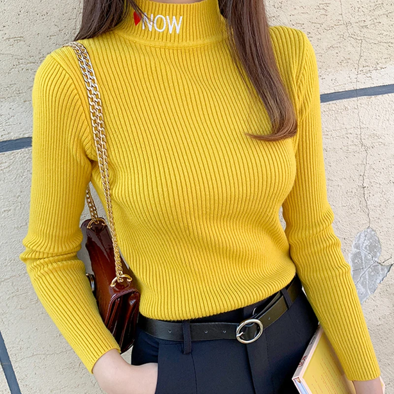 

2019 New Autumn Winter Sweater Embroidered Letter Long Sleeves Women Thickened Half-high collar Knitted Sweaters cc1697