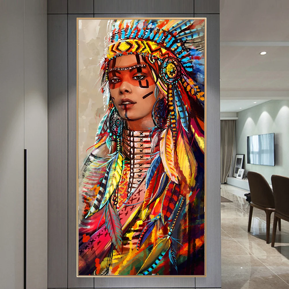 

Colorful Indian Woman Canvas Art Posters Native Woman Canvas Paintings Wall Art Pictures for Living Room Home Decor (No Frame)