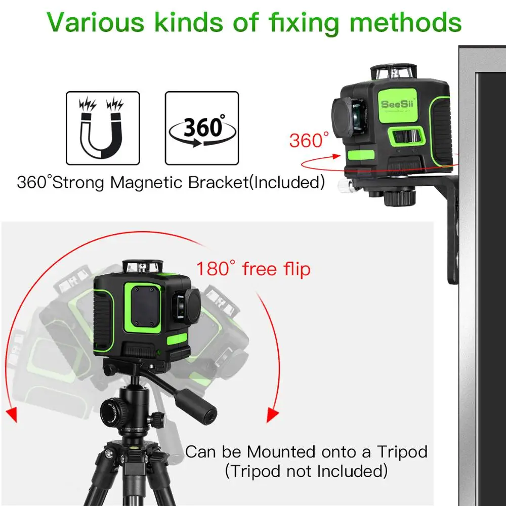 3D лазерный уровень 12 линий зеленый с аккумулятором 18650 8 луч горизонтальный