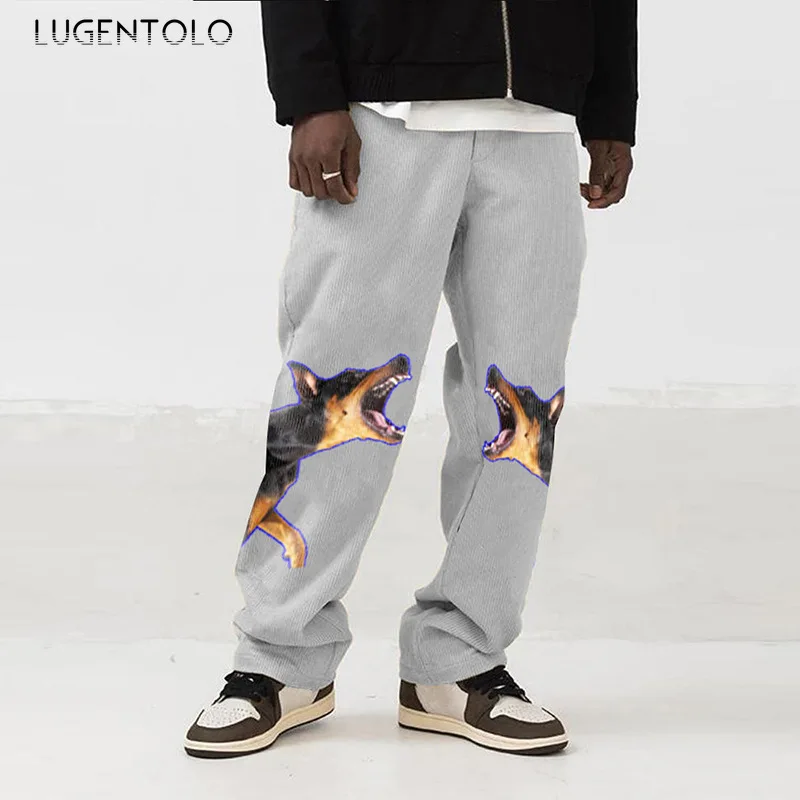 

Брюки Lugentolo мужские вельветовые, прямые повседневные штаны с принтом собаки, уличные свободные тонкие длинные брюки, весна