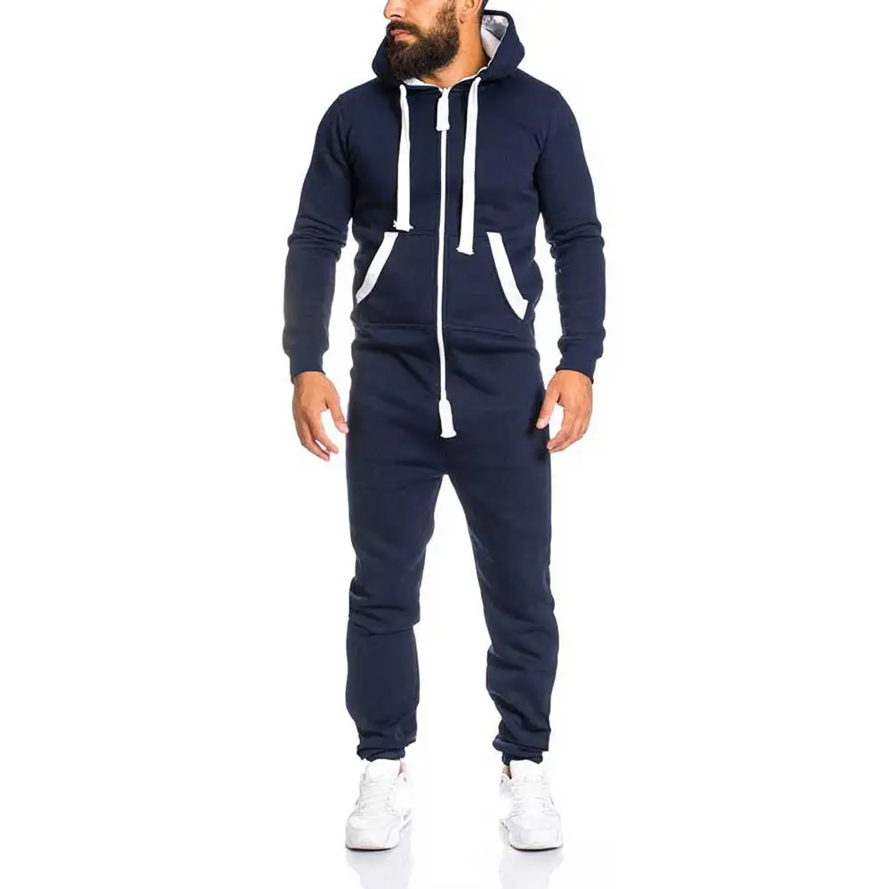 

2021 Fashion Men Jumpsuit Solid Color Zipper Hooded Long Sleeve Overalls Pockets Streetwear Pants Autumn Bodybuilding Rompers