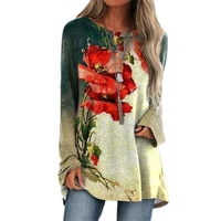 2021 autumn casual loose sleeve women t shirts flower print streetwear tops female o neck loose t shirt top pullovers