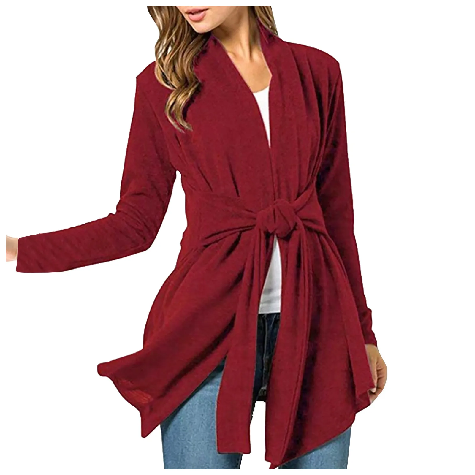 

Crdigan de otoo para mujer, prendas de vestir de manga larga, informal, Belt slido, estilo largo, de talla grande, 5 colores